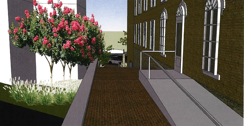 rendering of ADA compliant ramp and pathway next to Village Players building