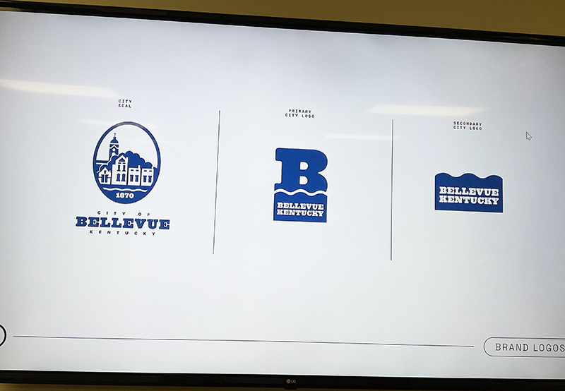 A screen with three city logos on it