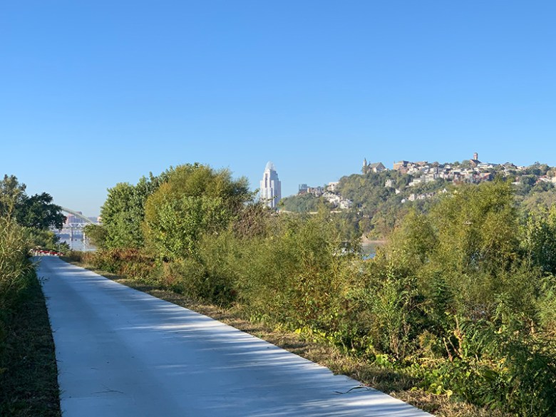 A stretch of paved trail with trees on both sides and running along a river.