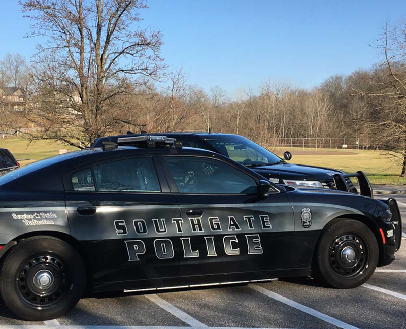 Police cruiser with the words "Southgate Police" painted on the door.